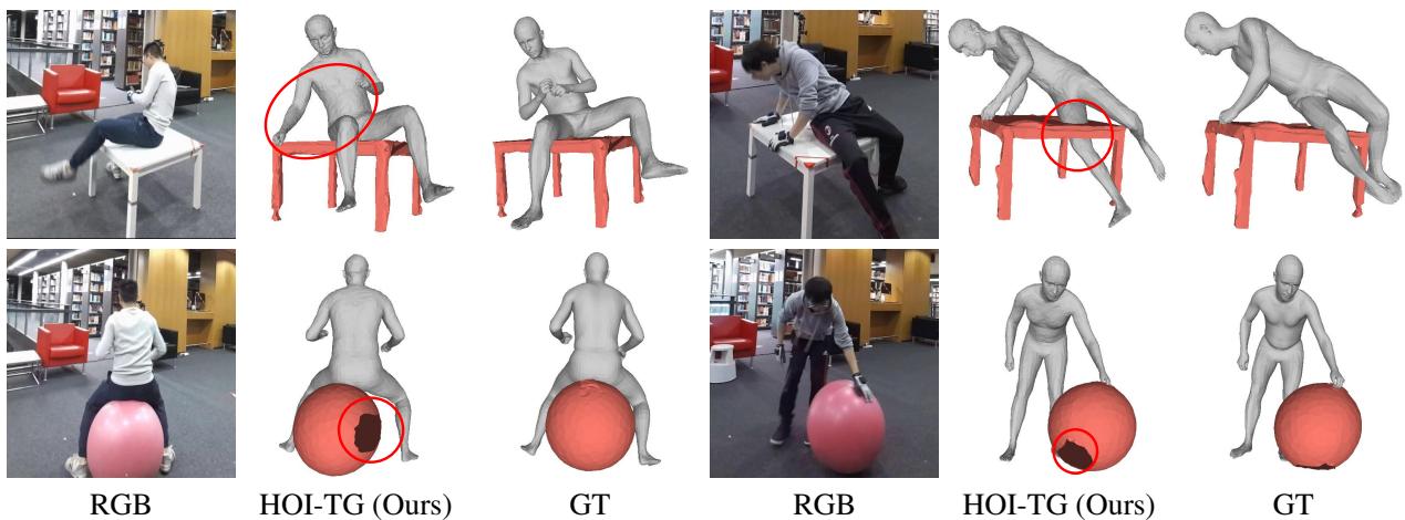 Figure 8. Failure cases of our HOI-TG.