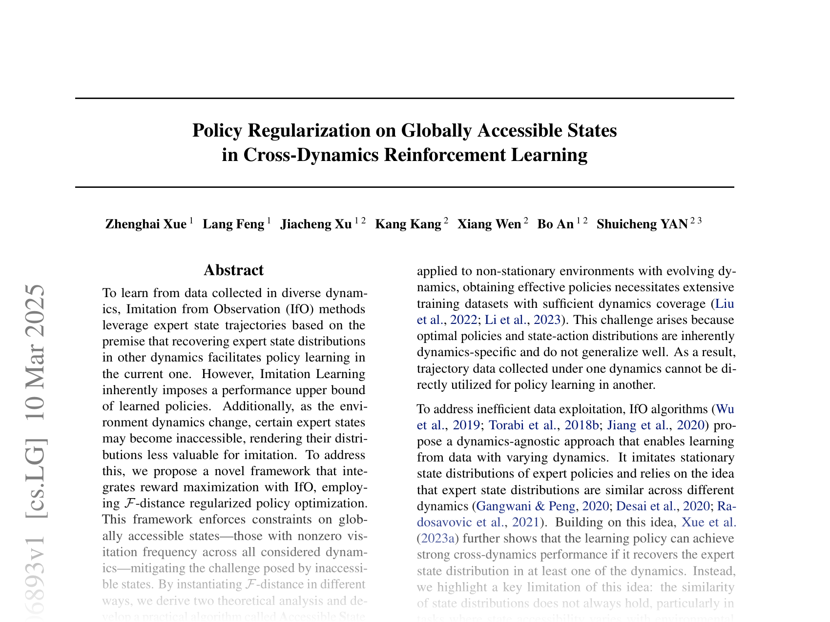 [Policy Regularization on Globally Accessible States in Cross-Dynamics Reinforcement Learning 🔗](https://arxiv.org/abs/2503.06893)