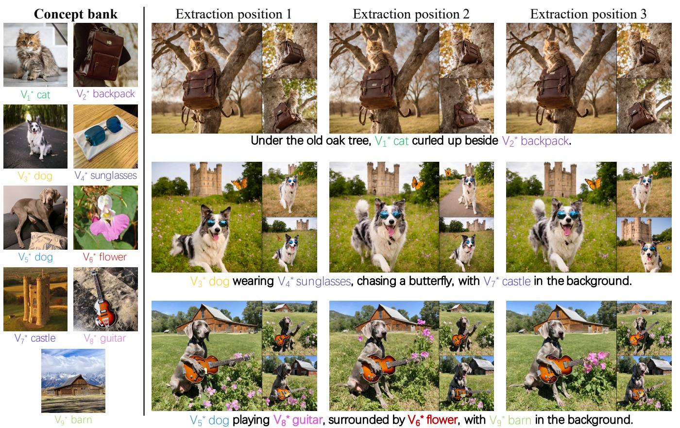 Figure 12: Position Invariance. The same concept feature (\\(\\mathbf{h}_c\\)) works regardless of where it appears in the prompt structure.