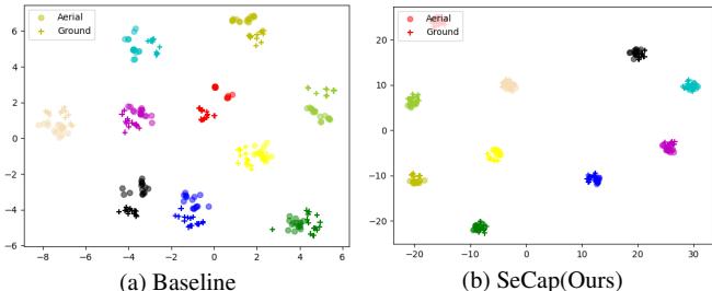 Figure 3. Visualize the features extracted by SeCap and the baseline model using t-SNE.