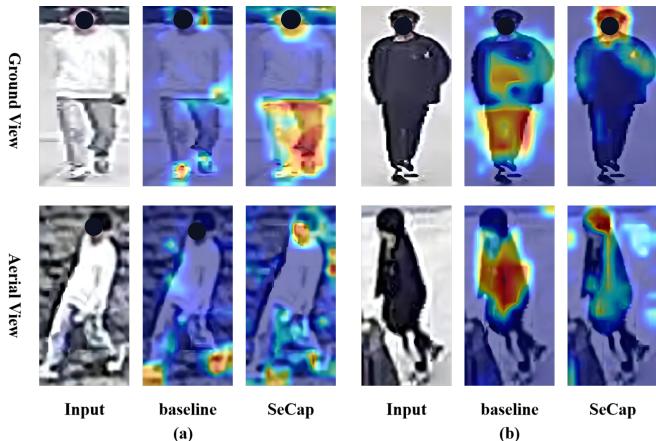 Figure 5. The visualization results of the attention maps of our SeCap method and the baseline model.