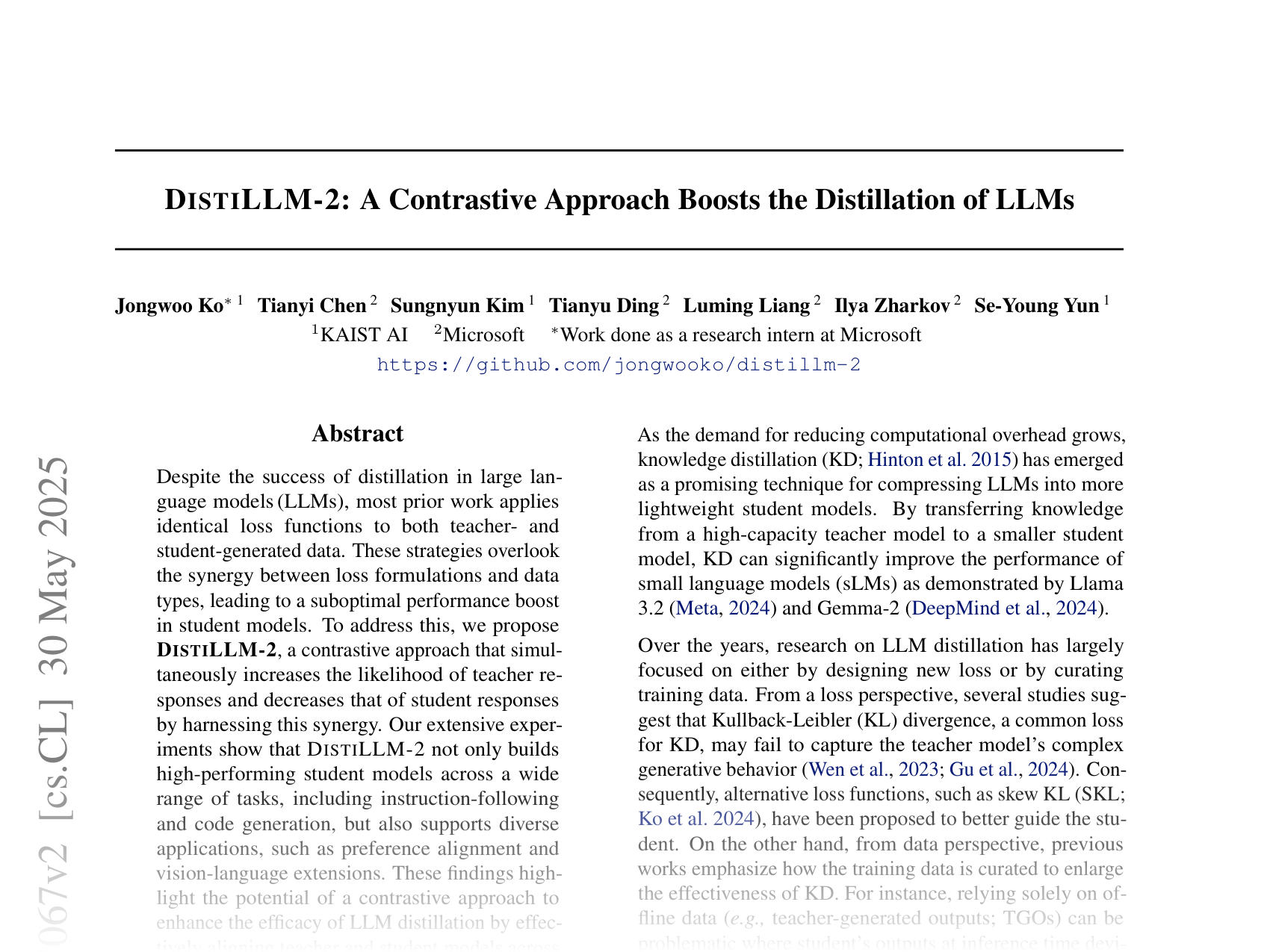 [DISTILLM-2: A Contrastive Approach Boosts the Distillation of LLMs 🔗](https://arxiv.org/abs/2503.07067)