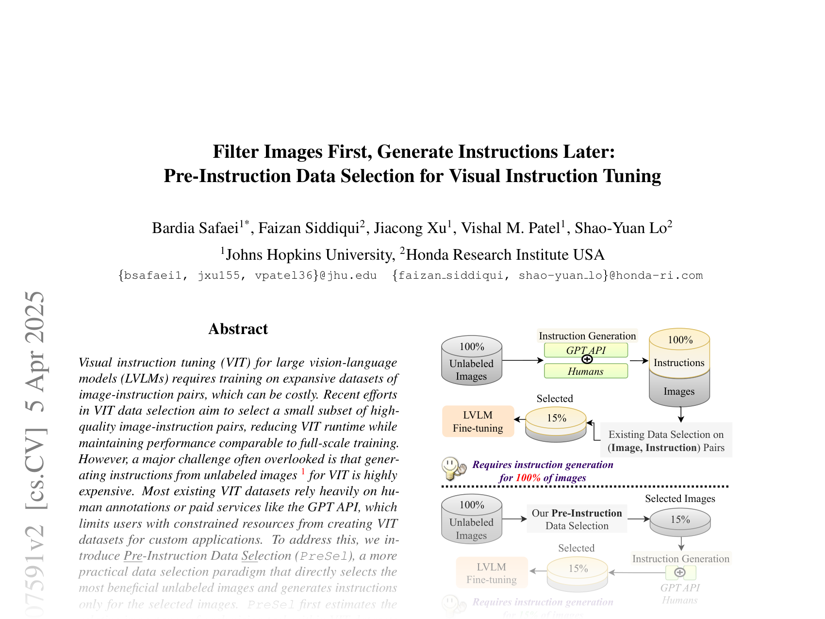 [Filter Images First, Generate Instructions Later: Pre-Instruction Data Selection for Visual Instruction Tuning 🔗](https://arxiv.org/abs/2503.07591)