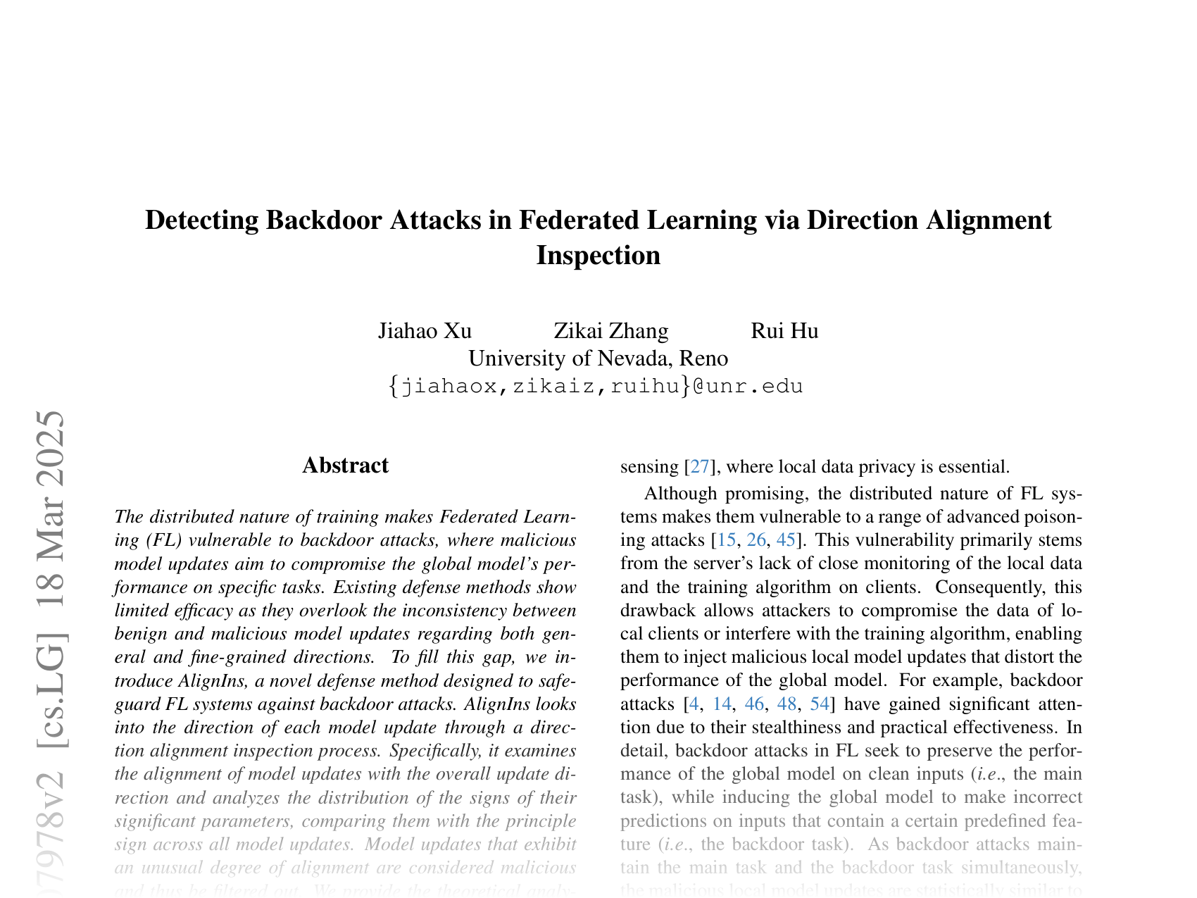 [Detecting Backdoor Attacks in Federated Learning via Direction Alignment Inspection 🔗](https://arxiv.org/abs/2503.07978)