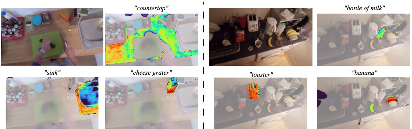 Novel-view renderings showing heatmaps for specific text queries like &lsquo;countertop&rsquo; and &lsquo;banana&rsquo;.