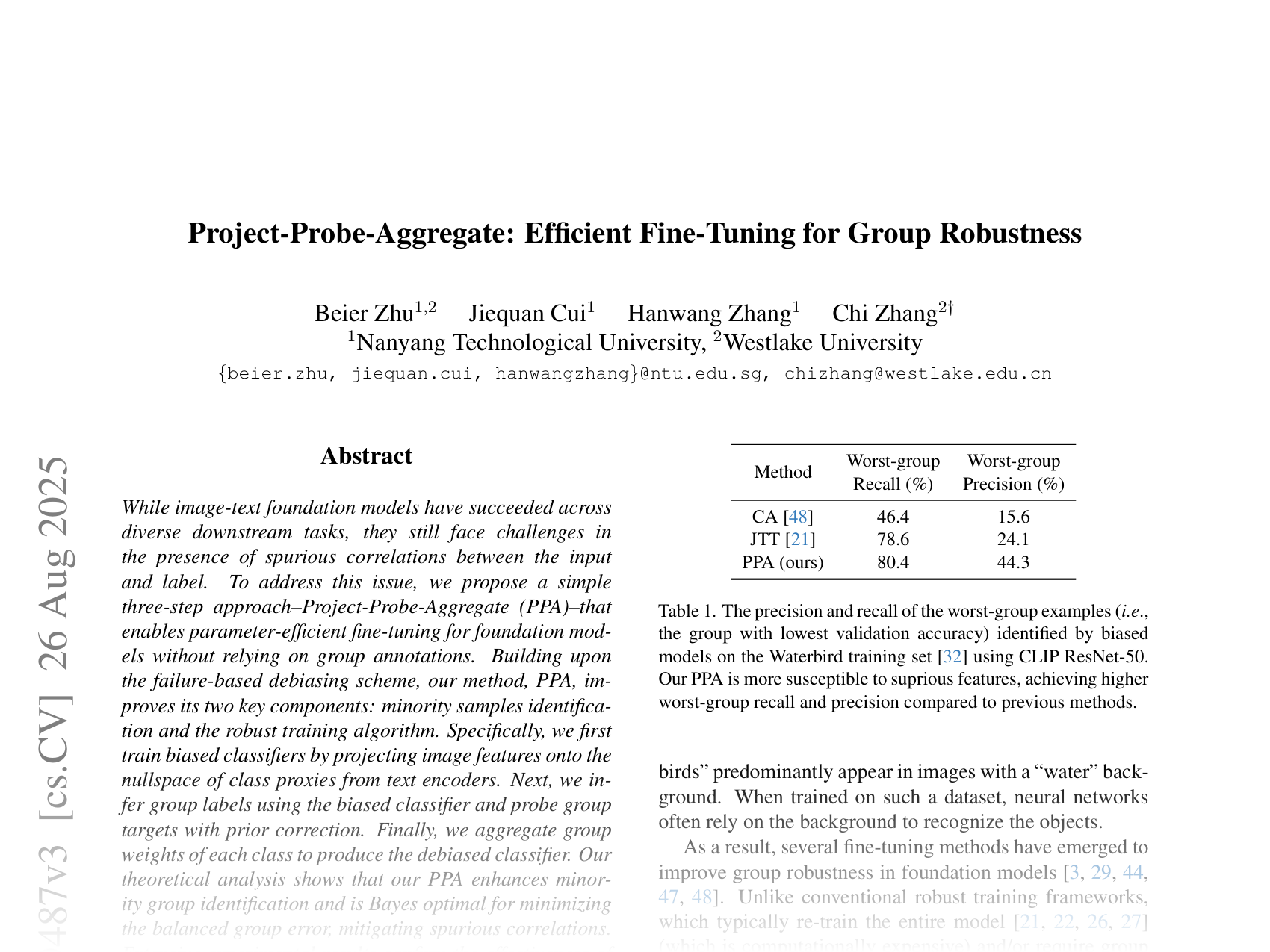 [Project-Probe-Aggregate: Efficient Fine-Tuning for Group Robustness 🔗](https://arxiv.org/abs/2503.09487)