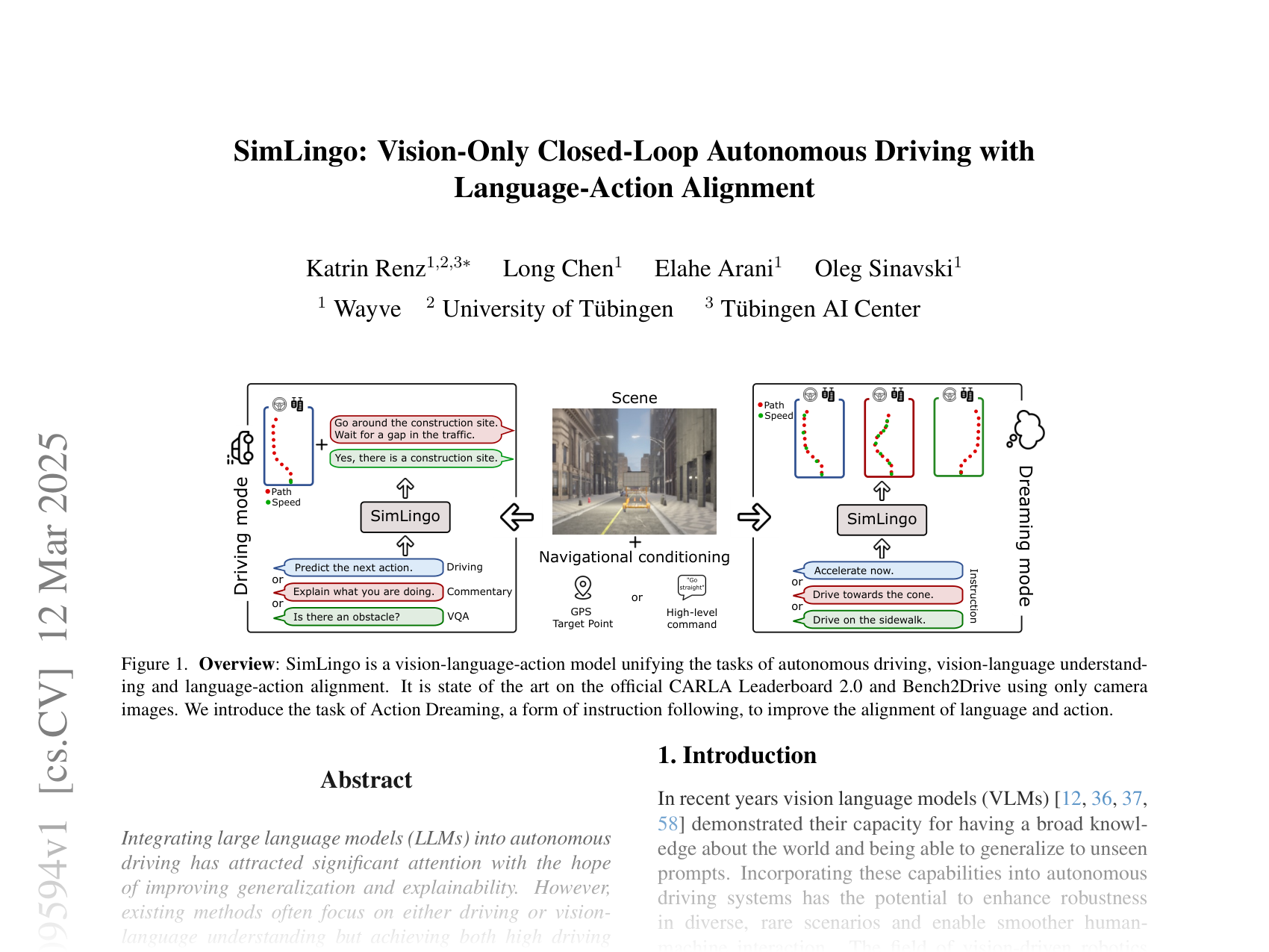 [SimLingo: Vision-Only Closed-Loop Autonomous Driving with Language-Action Alignment 🔗](https://arxiv.org/abs/2503.09594)