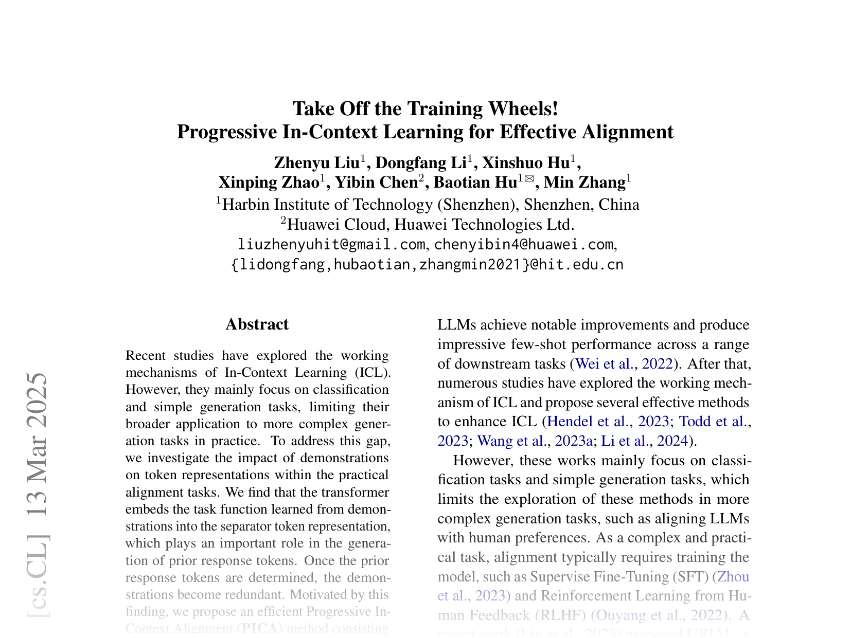 [Take Off the Training Wheels! Progressive In-Context Learning for Effective Alignment 🔗](https://arxiv.org/abs/2503.09958)
