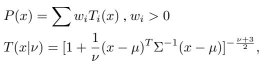 Equation defining the unnormalized Student&rsquo;s t-distribution mixture model.
