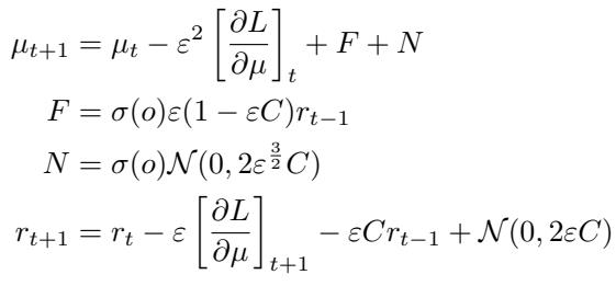 Equation for the SGHMC update rule involving gradient, friction, and noise.