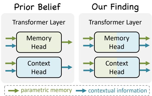 Figure 1. Our finding goes beyond the prior notion of exclusive “memory head” and “context head", where we show that memory and contexts are encoded in attention heads in superposition.