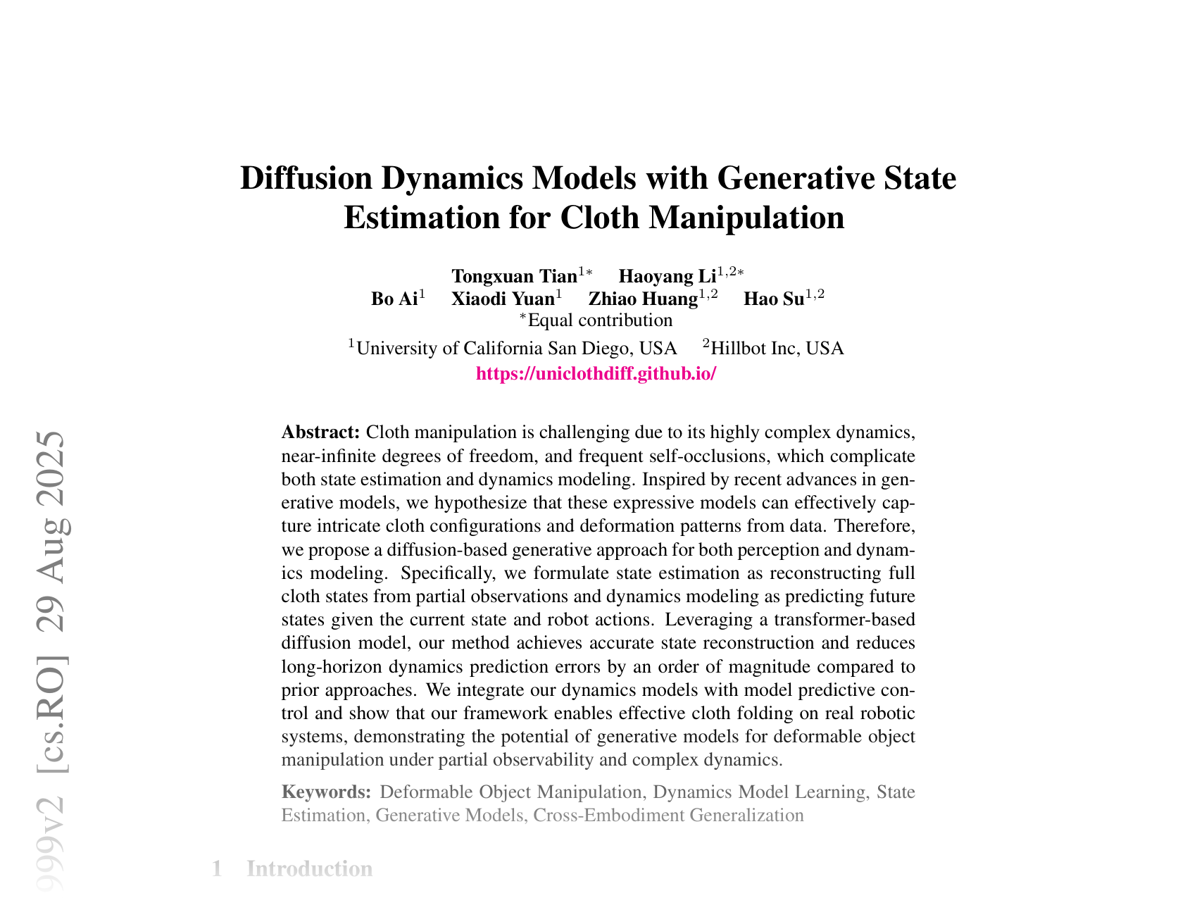 [Diffusion Dynamics Models with Generative State Estimation for Cloth Manipulation 🔗](https://arxiv.org/abs/2503.11999)