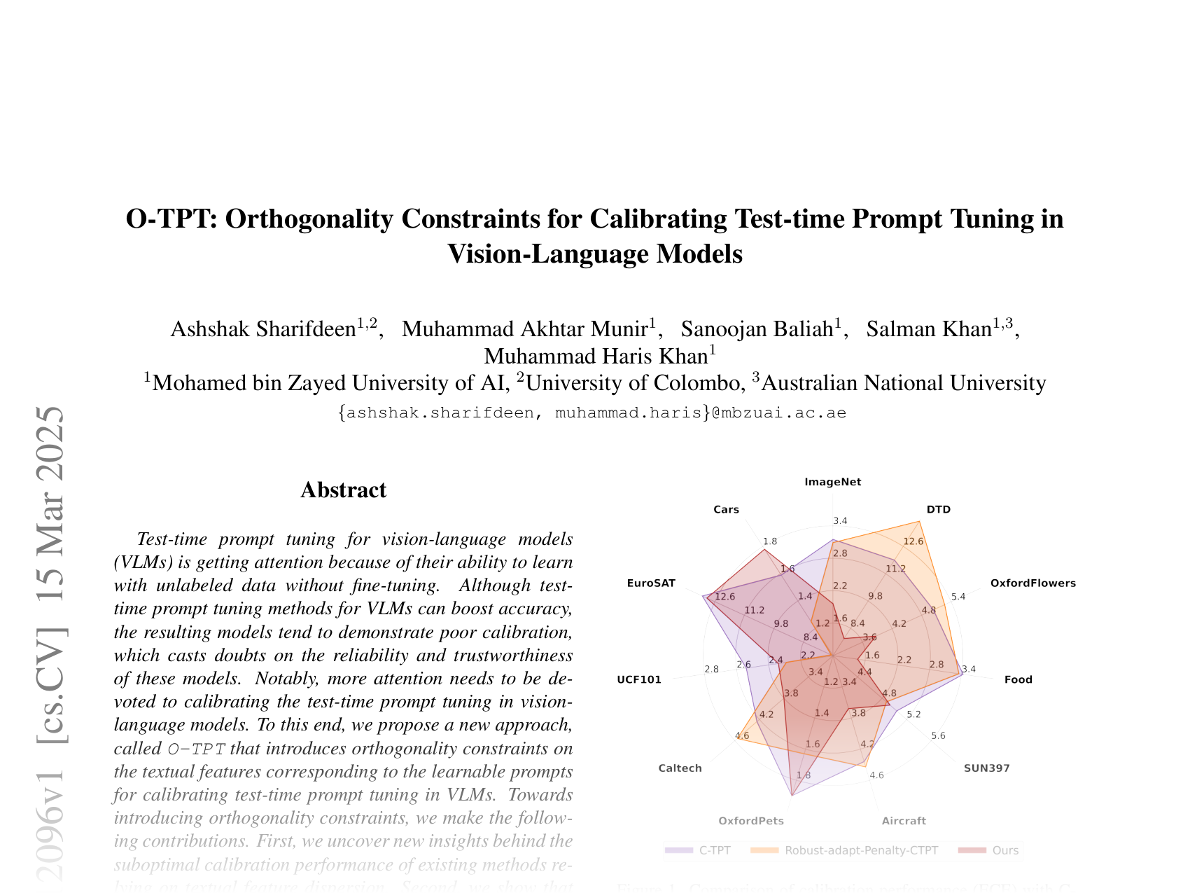 [O-TPT: Orthogonality Constraints for Calibrating Test-time Prompt Tuning in Vision-Language Models 🔗](https://arxiv.org/abs/2503.12096)