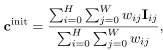 Equation for initializing Gaussian color using weighted pixel values.