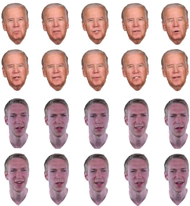 Visualization of learned blendshapes for different subjects showing diverse expressions.