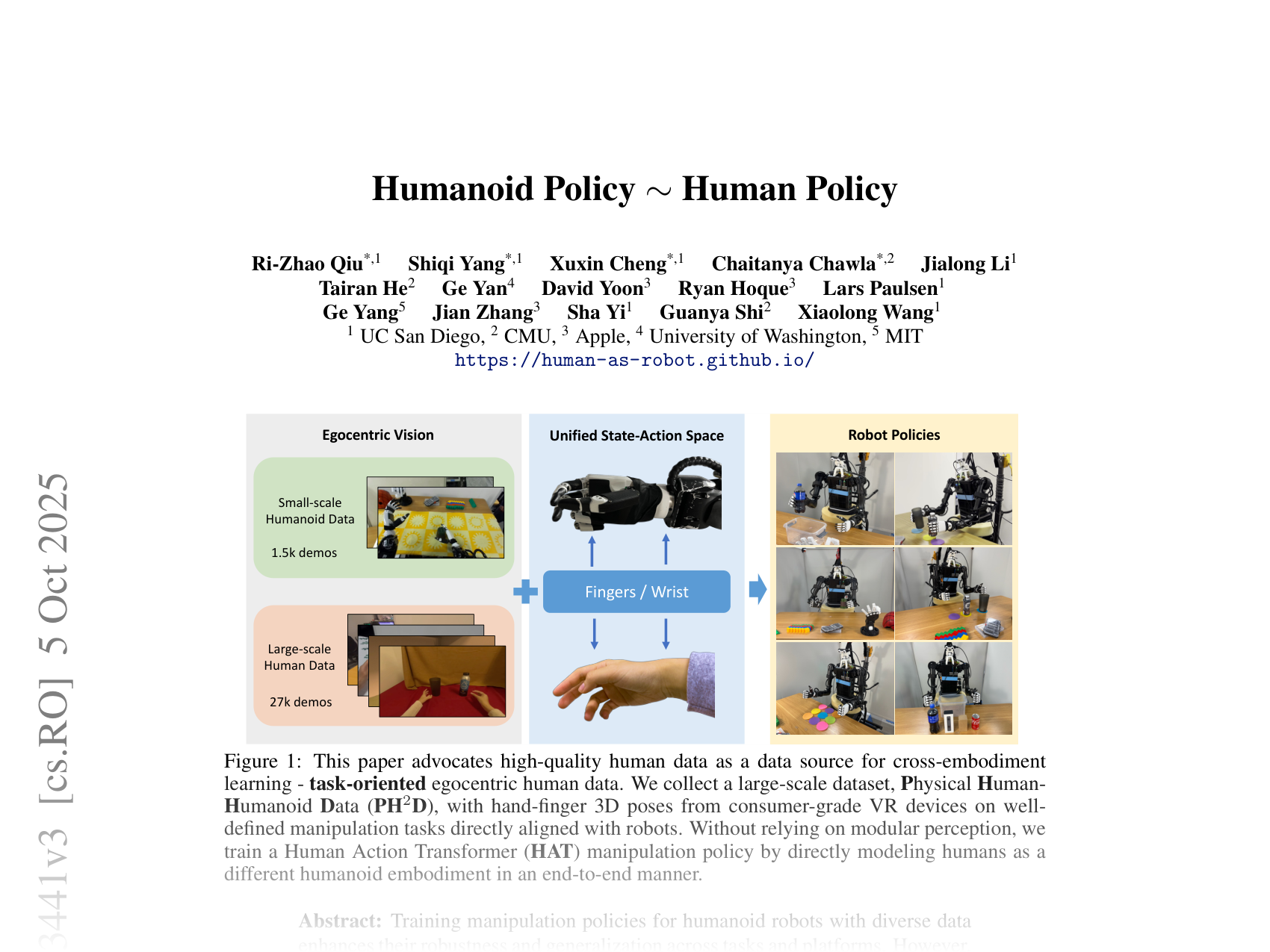 [Humanoid Policy ~ Human Policy 🔗](https://arxiv.org/abs/2503.13441)