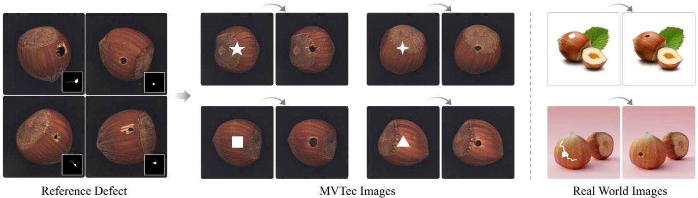 Figure 1. DefectFill allows users to take a few reference defects and a mask, then realistically paint those defects onto healthy objects.