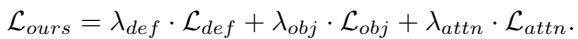 The total loss function combining defect, object, and attention losses.