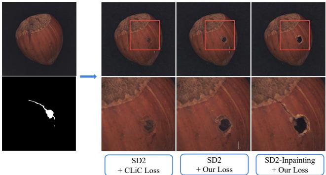 Figure 6. Comparison of DefectFill against standard Stable Diffusion with CLiC loss.