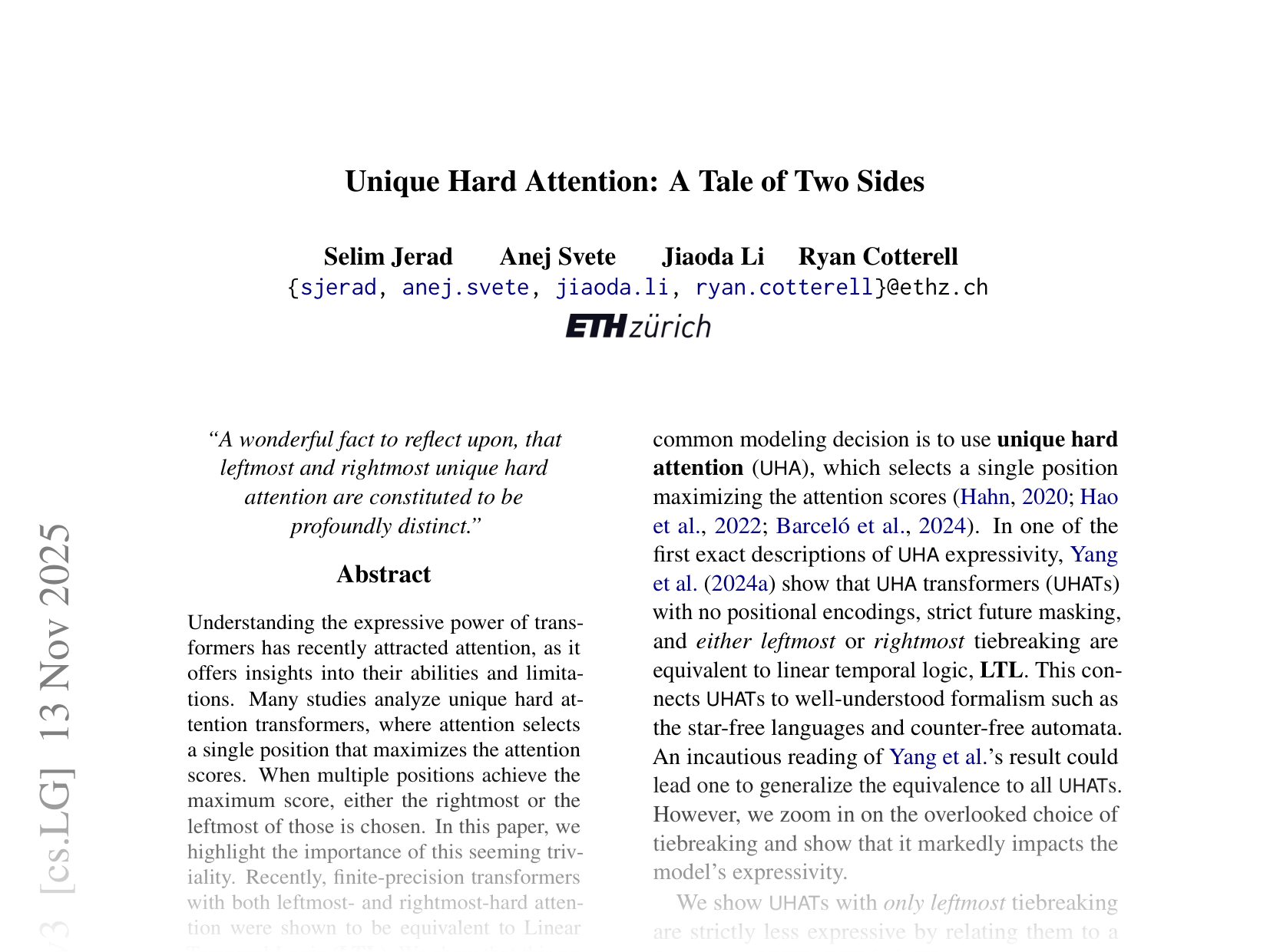 [Unique Hard Attention: A Tale of Two Sides 🔗](https://arxiv.org/abs/2503.14615)
