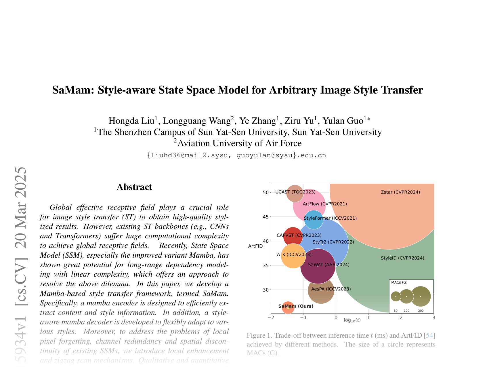 [SaMam: Style-aware State Space Model for Arbitrary Image Style Transfer 🔗](https://arxiv.org/abs/2503.15934)