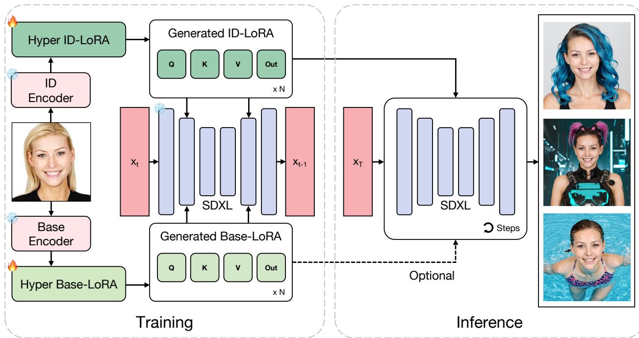 Figure 2. Overview of HyperLoRA. The system uses a HyperNetwork to predict weights for ID-LoRA and Base-LoRA, which are then injected into the SDXL model during inference.