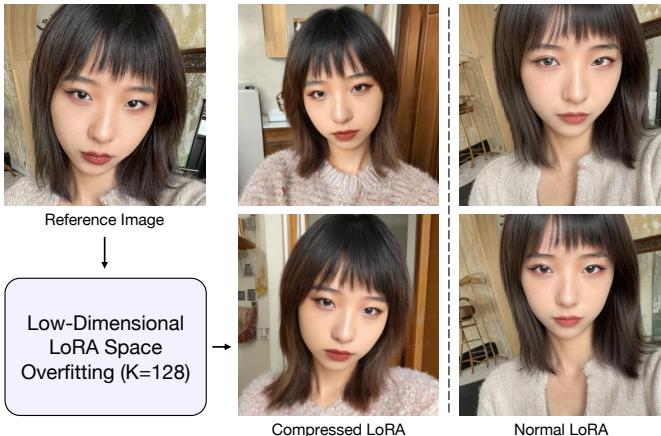 Figure 3. Comparison of Normal LoRA vs. Compressed Linear LoRA (K=128). The compressed version maintains identity reconstruction capabilities almost perfectly.