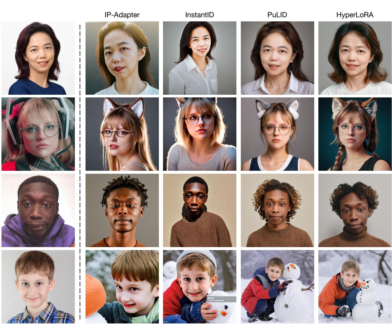 Figure 7. Qualitative comparison. HyperLoRA (bottom row) generates realistic textures and adheres to prompts (e.g., &ldquo;wolf ears&rdquo;) better than IP-Adapter or InstantID.