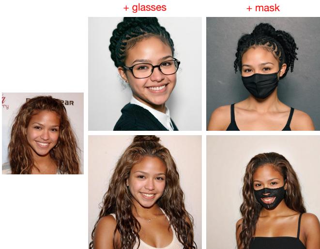 Figure 9. Comparison of encoders. Using CLIP + ID embeddings (top row) allows for successful generation of glasses and masks, whereas CLIP alone (bottom row) struggles.