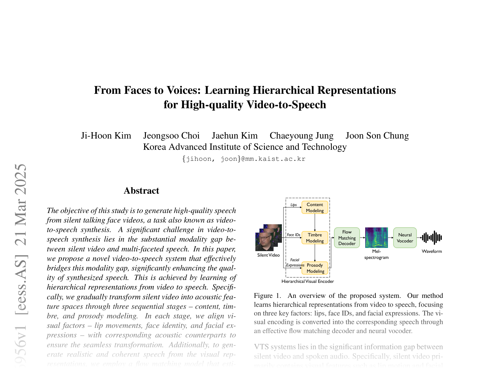[From Faces to Voices: Learning Hierarchical Representations for High-quality Video-to-Speech 🔗](https://arxiv.org/abs/2503.16956)
