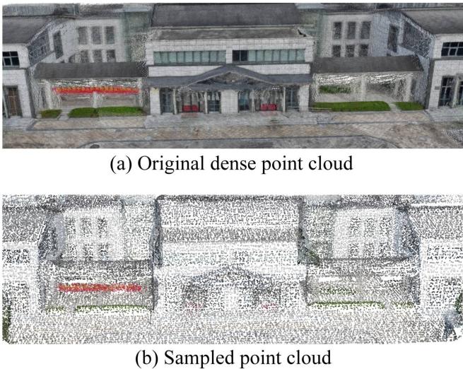 Figure 15 compares the original dense point cloud (a) with the sampled point cloud (b). The sampled version retains the structural integrity and geometry while significantly reducing the point count.