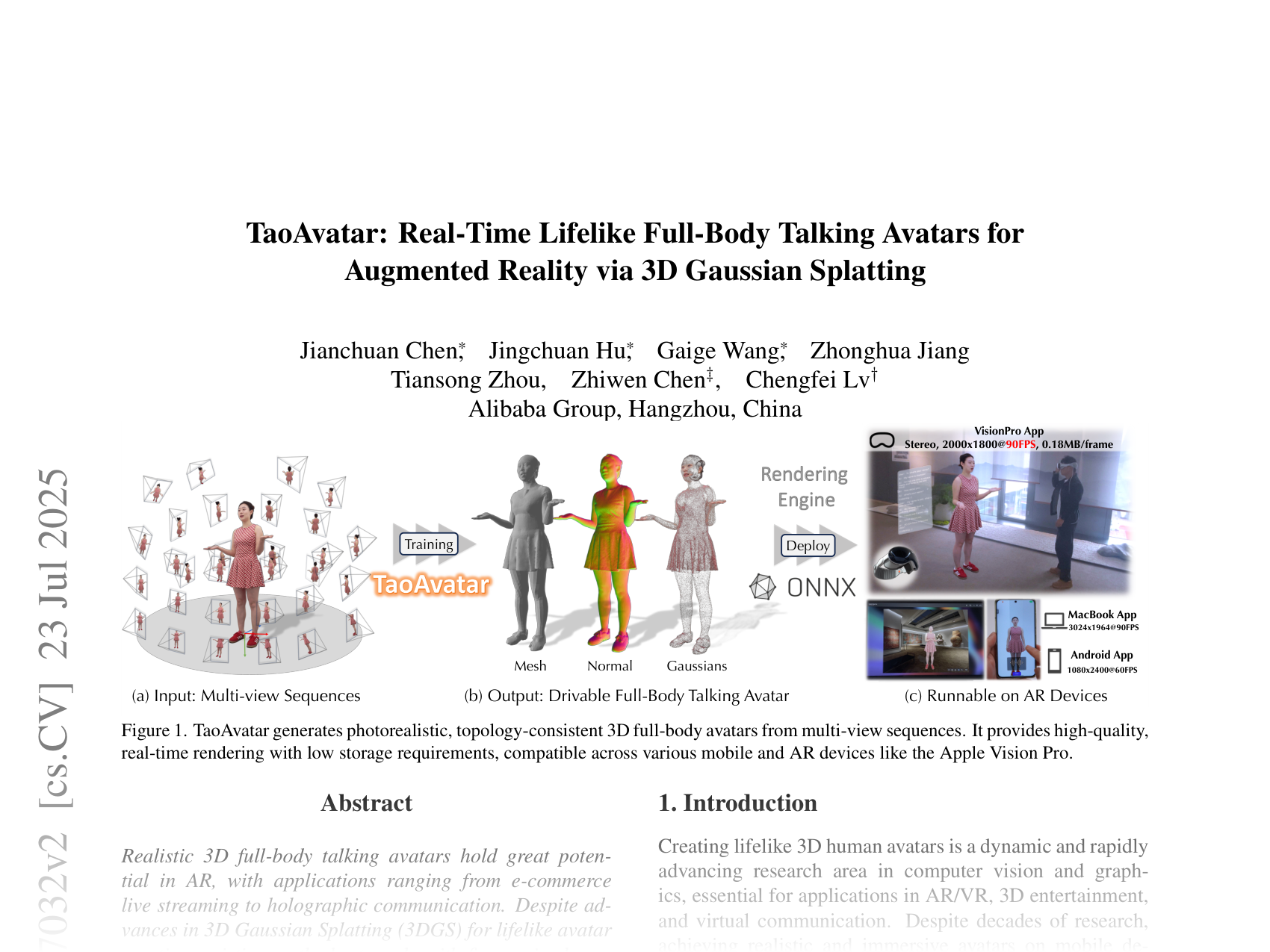 [TaoAvatar: Real-Time Lifelike Full-Body Talking Avatars for Augmented Reality via 3D Gaussian Splatting 🔗](https://arxiv.org/abs/2503.17032)
