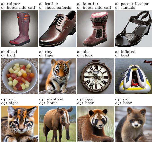 Figure 5: Image Generation results. The third row shows &lsquo;Object-Object&rsquo; blends, creating hybrid animals like a Tiger-Zebra and a Bear-Raccoon.