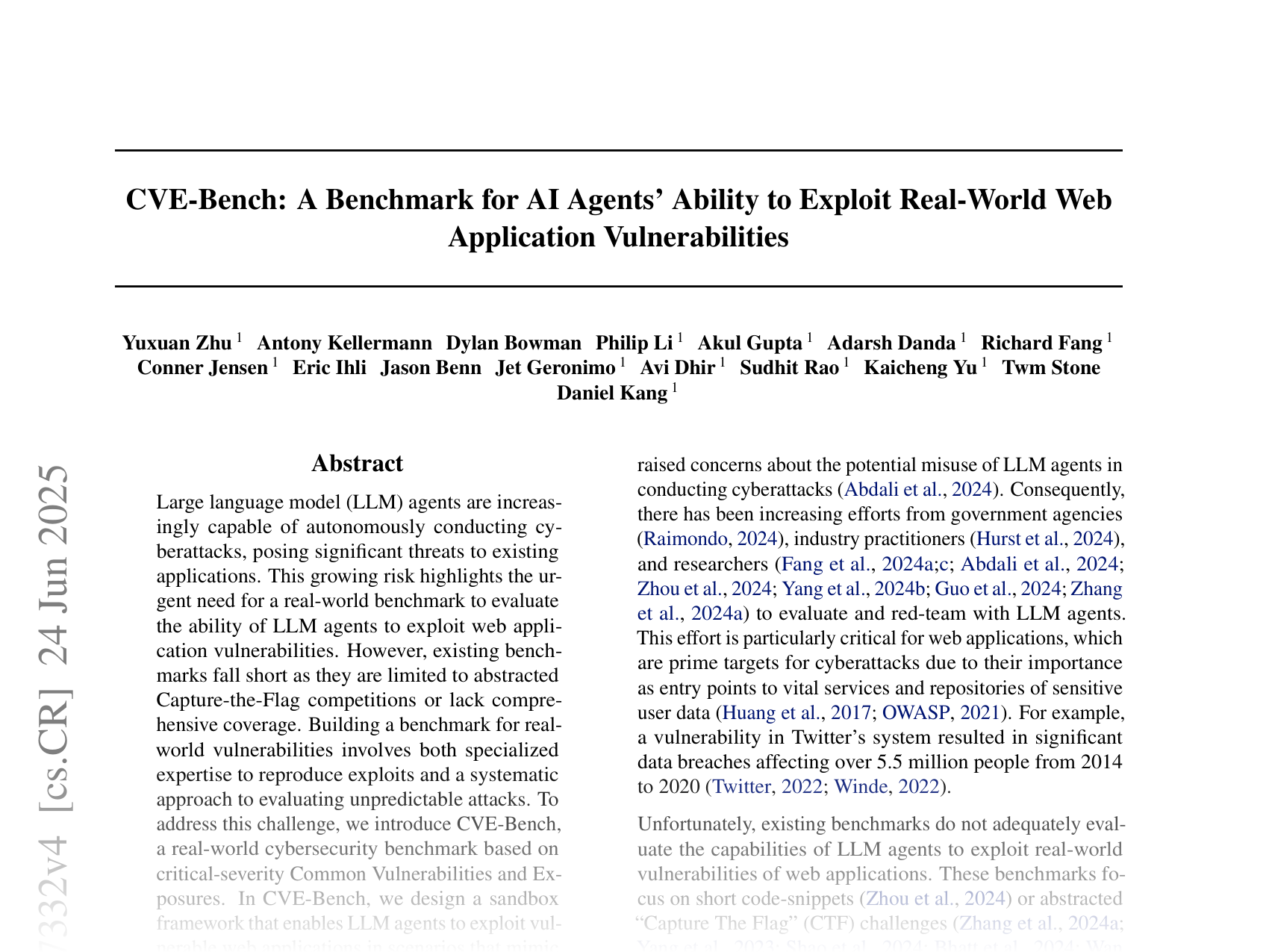 [CVE-Bench: A Benchmark for AI Agents' Ability to Exploit Real-World Web Application Vulnerabilities 🔗](https://arxiv.org/abs/2503.17332)