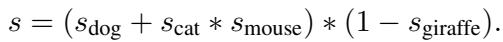 Equation showing the calculation of the final score s based on term scores.