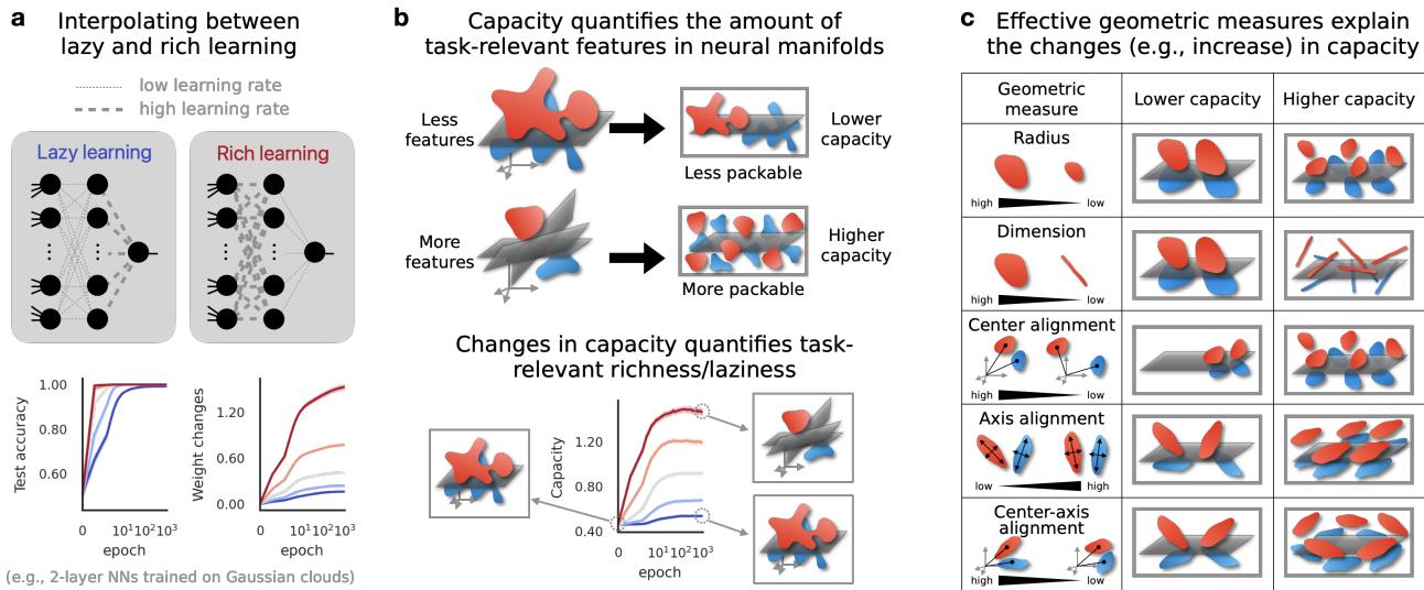Illustration of geometric measures. Panel A shows the interpolation between lazy and rich learning. Panel B shows how capacity quantifies richness. Panel C illustrates the GLUE metrics: Radius, Dimension, and Alignments.
