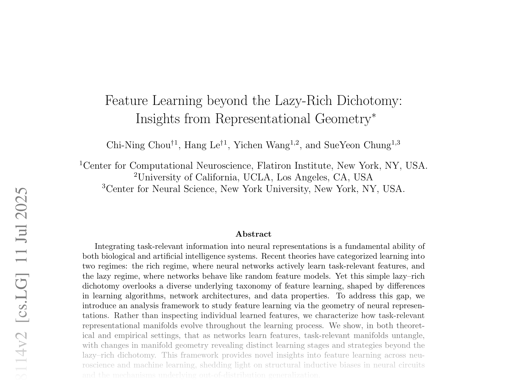 [Feature Learning beyond the Lazy-Rich Dichotomy: Insights from Representational Geometry 🔗](https://arxiv.org/abs/2503.18114)