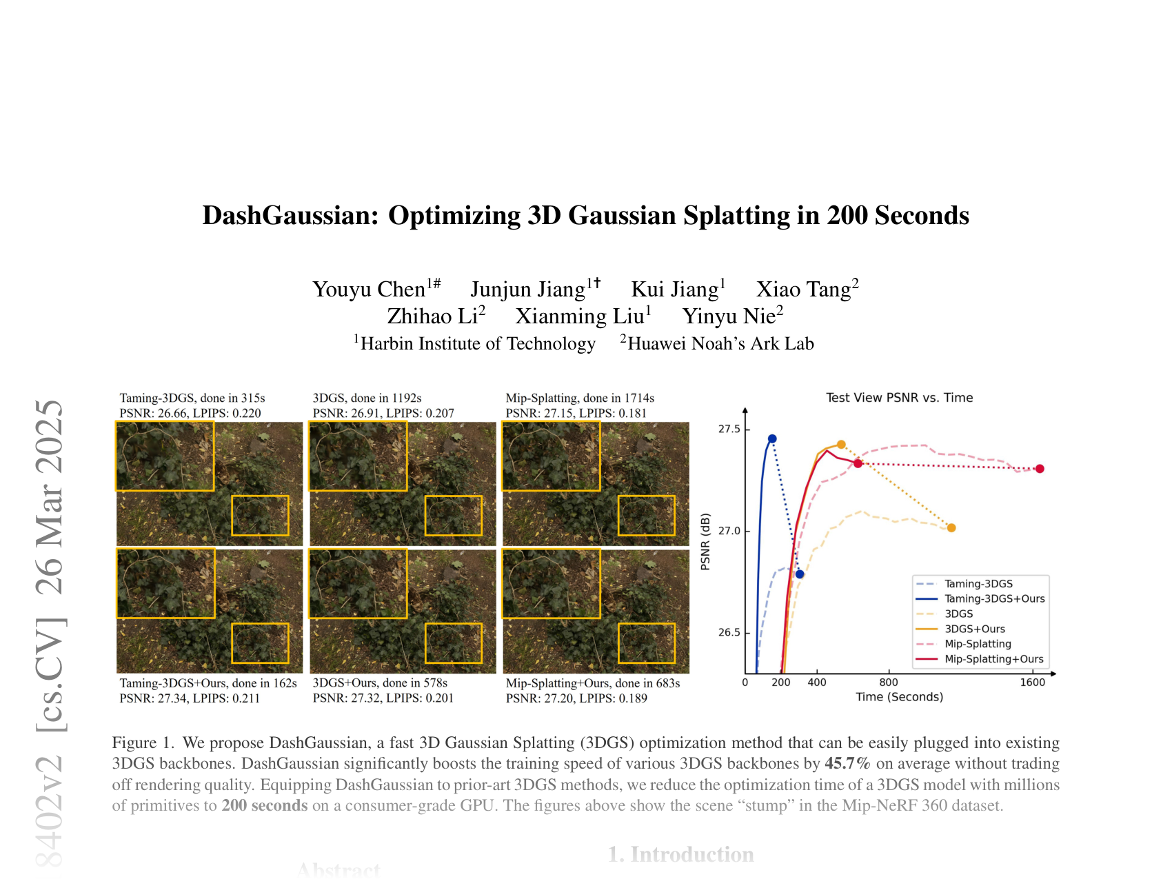 [DashGaussian: Optimizing 3D Gaussian Splatting in 200 Seconds 🔗](https://arxiv.org/abs/2503.18402)