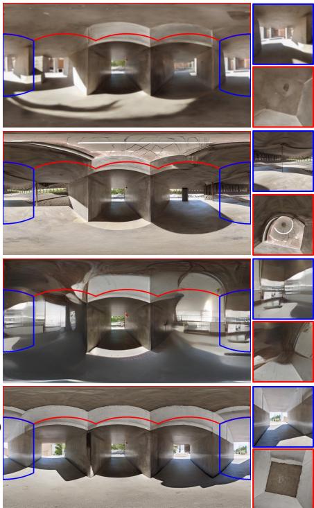 Figure 1. The image quality and distortion accuracy of existing methods and ours by FID and Distort-FID (ours) respectively. We project two regions in panorama (signed in corresponding color) into perspective image to show the distortion accuracy of existing methods (i.e., no distortion and natural layout in perspective image means good results). Recent methods improve the image quality while significantly ruining the distortion. We named it &ldquo;visual cheating&rdquo; phenomenon. Zoom in for best view.