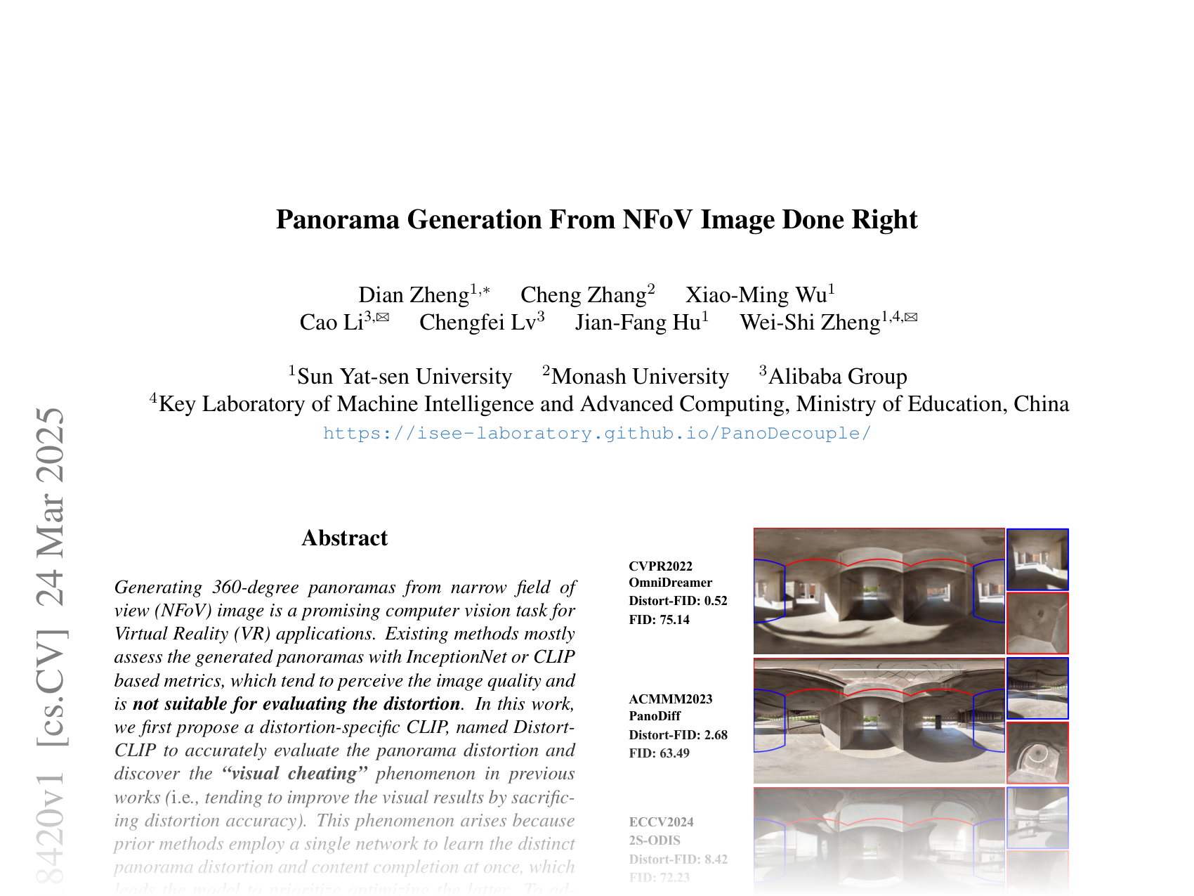 [Panorama Generation From NFoV Image Done Right 🔗](https://arxiv.org/abs/2503.18420)