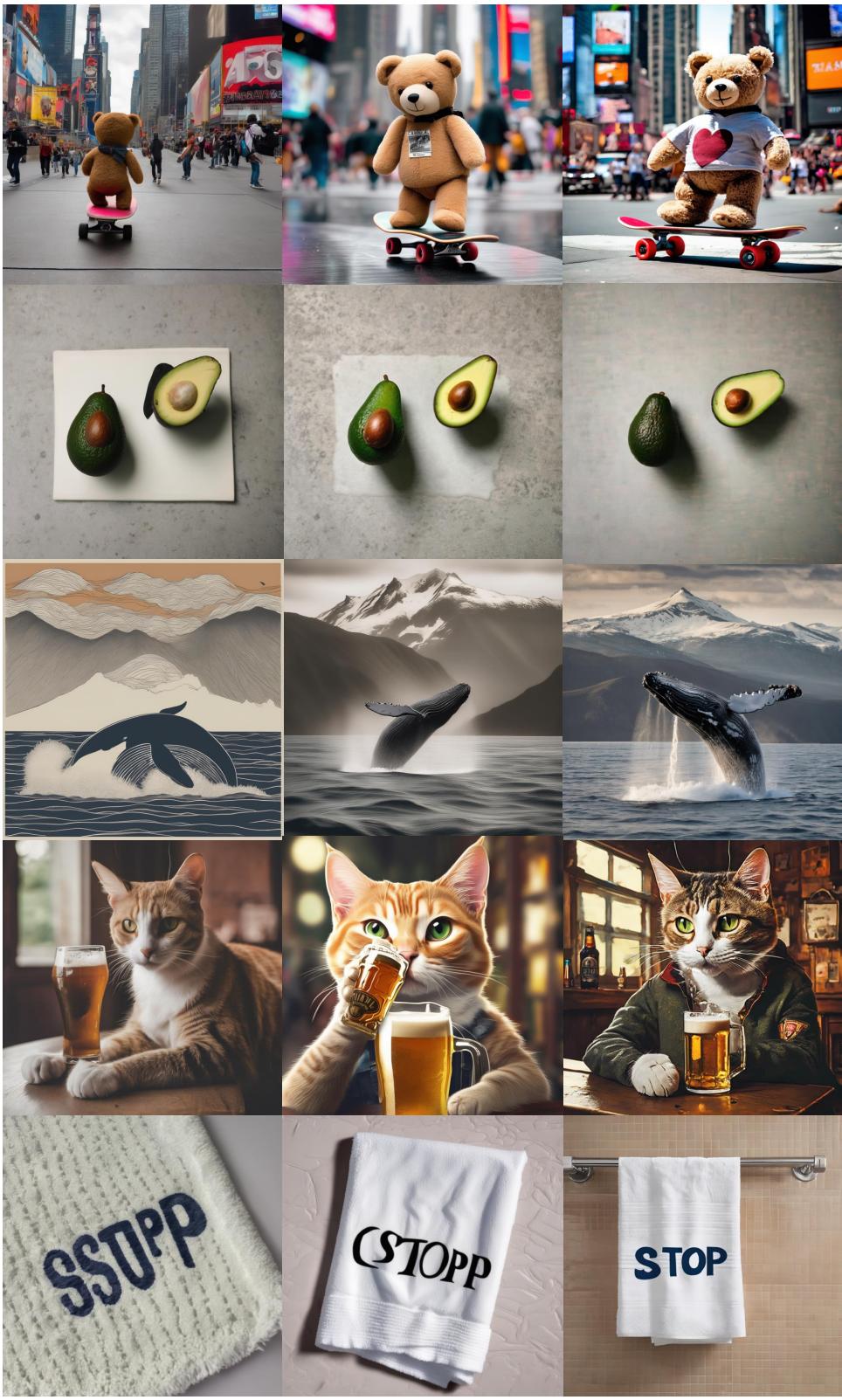 Figure 16: Qualitative comparison. Look at the bottom row (Row 5). InPO correctly renders the text &ldquo;STOP&rdquo; on the towel, while the Base and DPO models struggle with spelling or formatting.