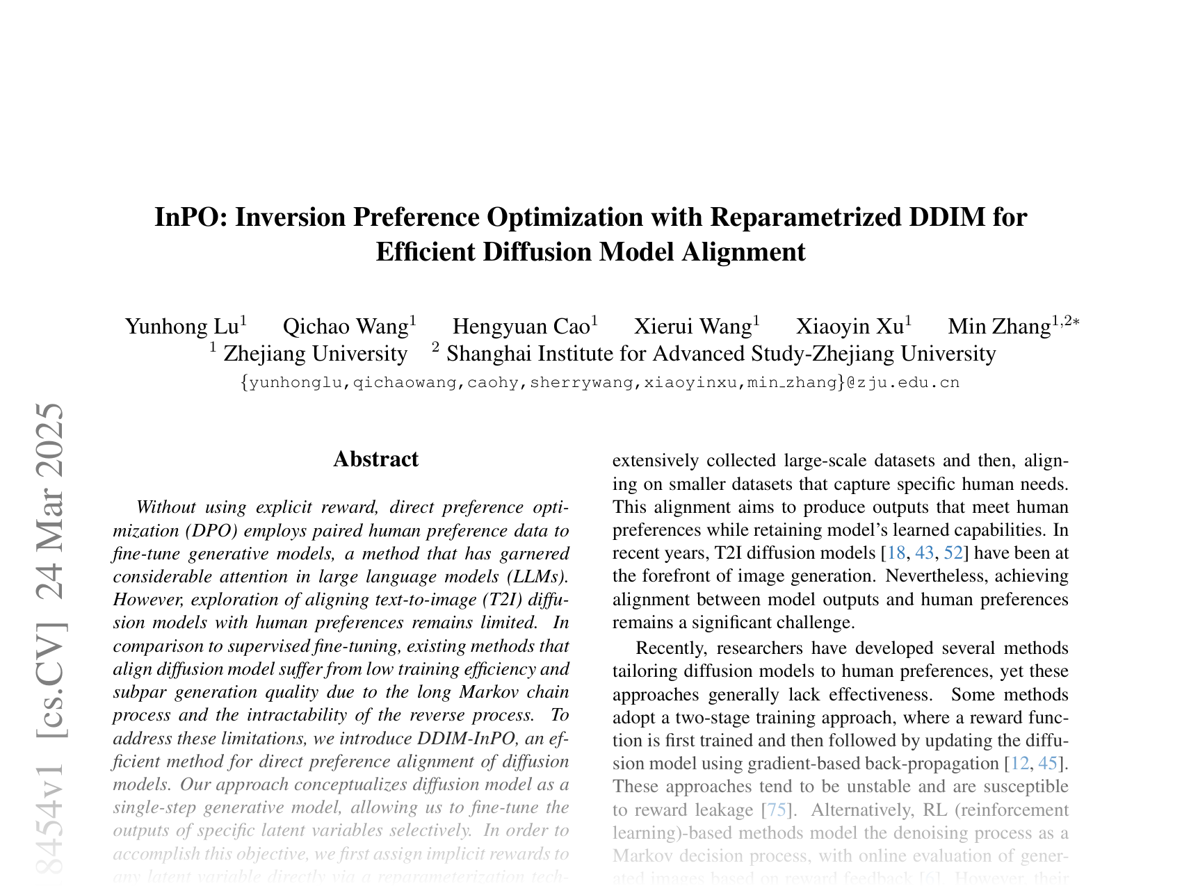 [InPO: Inversion Preference Optimization with Reparametrized DDIM for Efficient Diffusion Model Alignment 🔗](https://arxiv.org/abs/2503.18454)