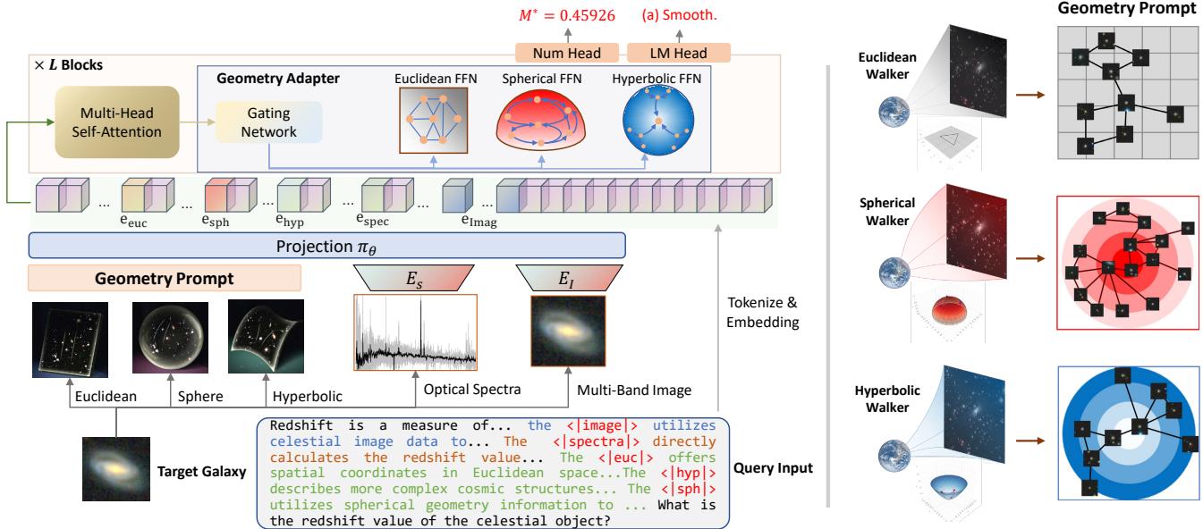 Figure 2. The overall framework of Galaxy Walker. Left: The architecture integrates a Geometry Adapter with the pre-trained VLM backbone. The adapter includes a projection layer that processes various input modalities, followed by transformer blocks enhanced with geometry-aware FFN experts. A gating network dynamically routes features to appropriate geometric experts. Right: Visualization of how different geometric spaces process astronomical data.