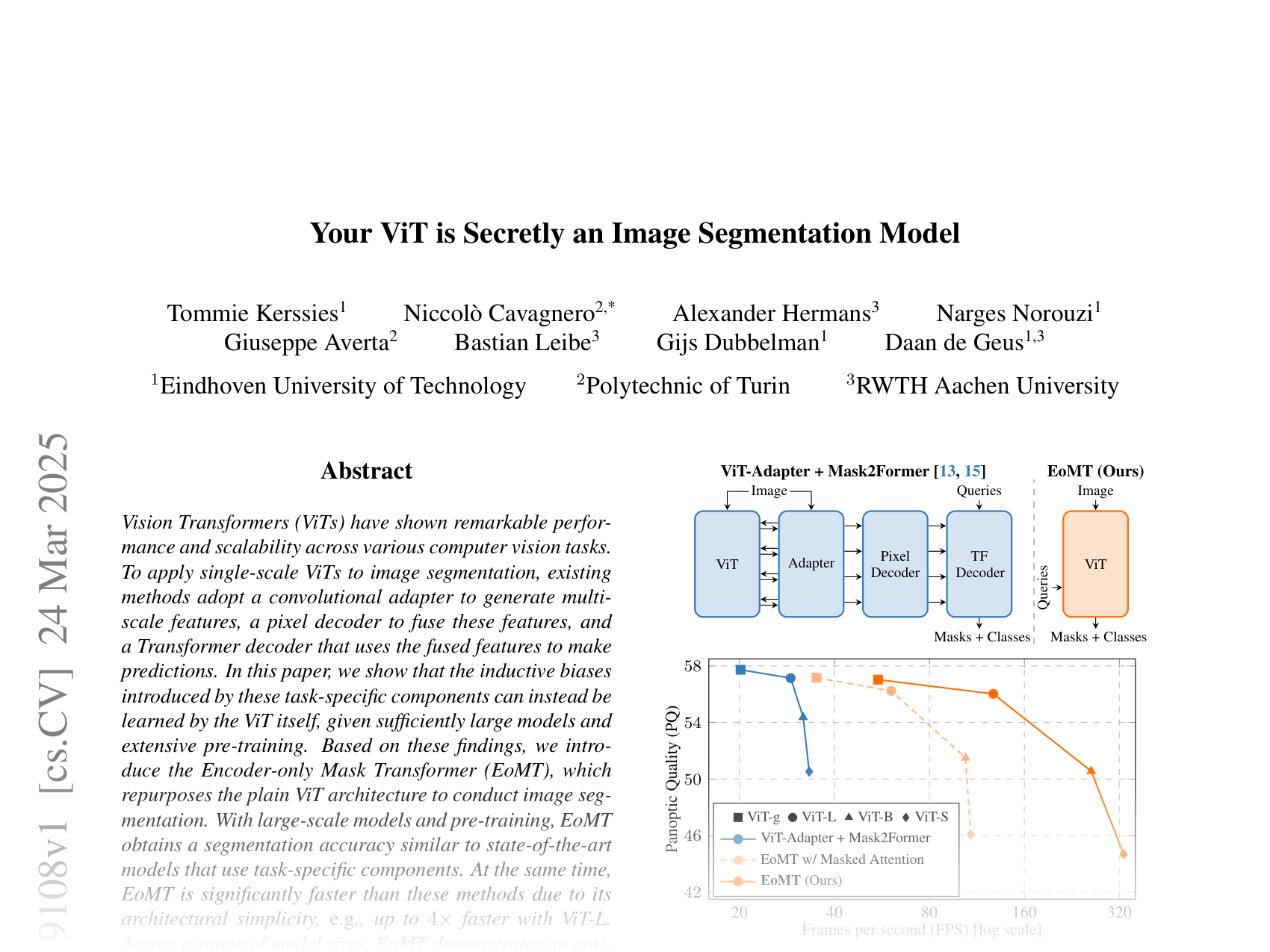 [Encoder-only Mask Transformer: Your ViT is Secretly an Image Segmentation Model 🔗](https://arxiv.org/abs/2503.19108)