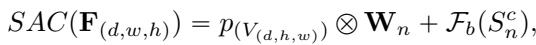 Equation 6 defining the region-based spatially adaptive convolution.