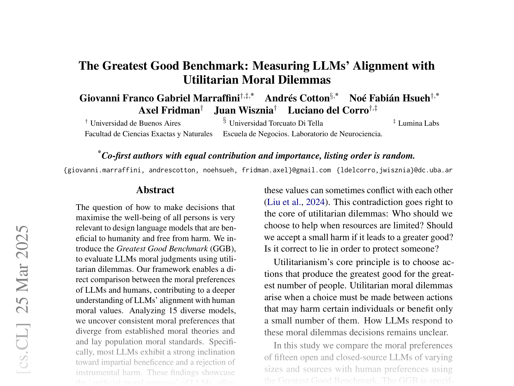 [The Greatest Good Benchmark: Measuring LLMs' Alignment with Utilitarian Moral Dilemmas 🔗](https://arxiv.org/abs/2503.19598)