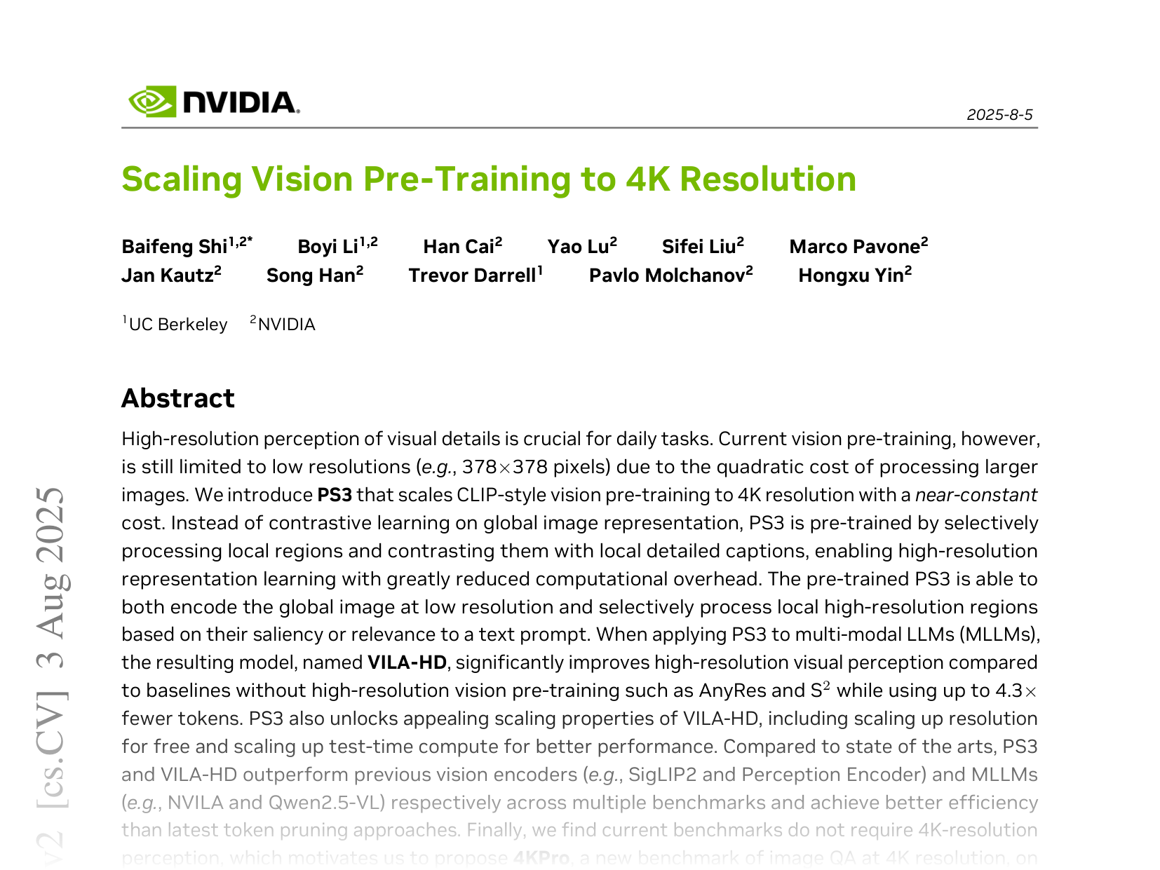 [Scaling Vision Pre-Training to 4K Resolution 🔗](https://arxiv.org/abs/2503.19903)