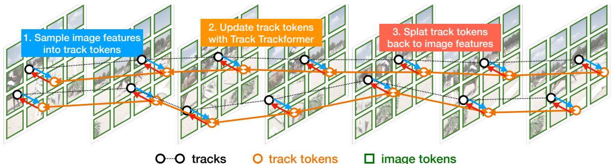 Overview of the Tracktention pipeline. 1. Sample image tokens at track locations. 2. Update via Track Transformer. 3. Splat back to image tokens.
