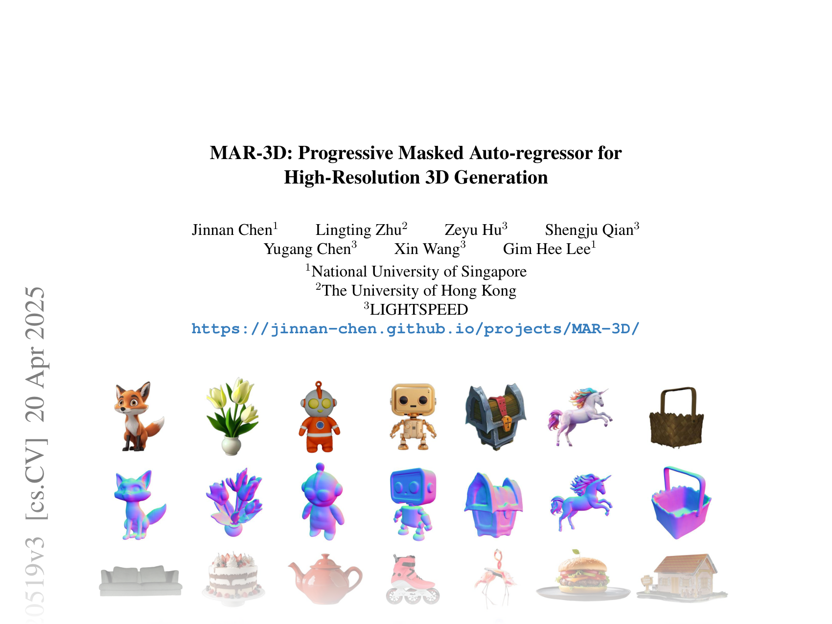 [MAR-3D: Progressive Masked Auto-regressor for High-Resolution 3D Generation 🔗](https://arxiv.org/abs/2503.20519)