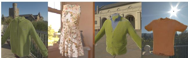 Figure 8: Relighting demonstration. The same scanned garments are placed in various outdoor and indoor environments, integrating naturally.